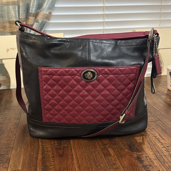 COACH Park Bag Quilted Leather & suede Hobo Shoulder color block Maroon black - Picture 15 of 16